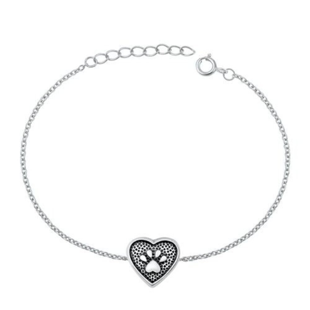 Rhodium Plated Sterling Silver 925 Puppy Paw Heart Dainty Cable Link Bracelet